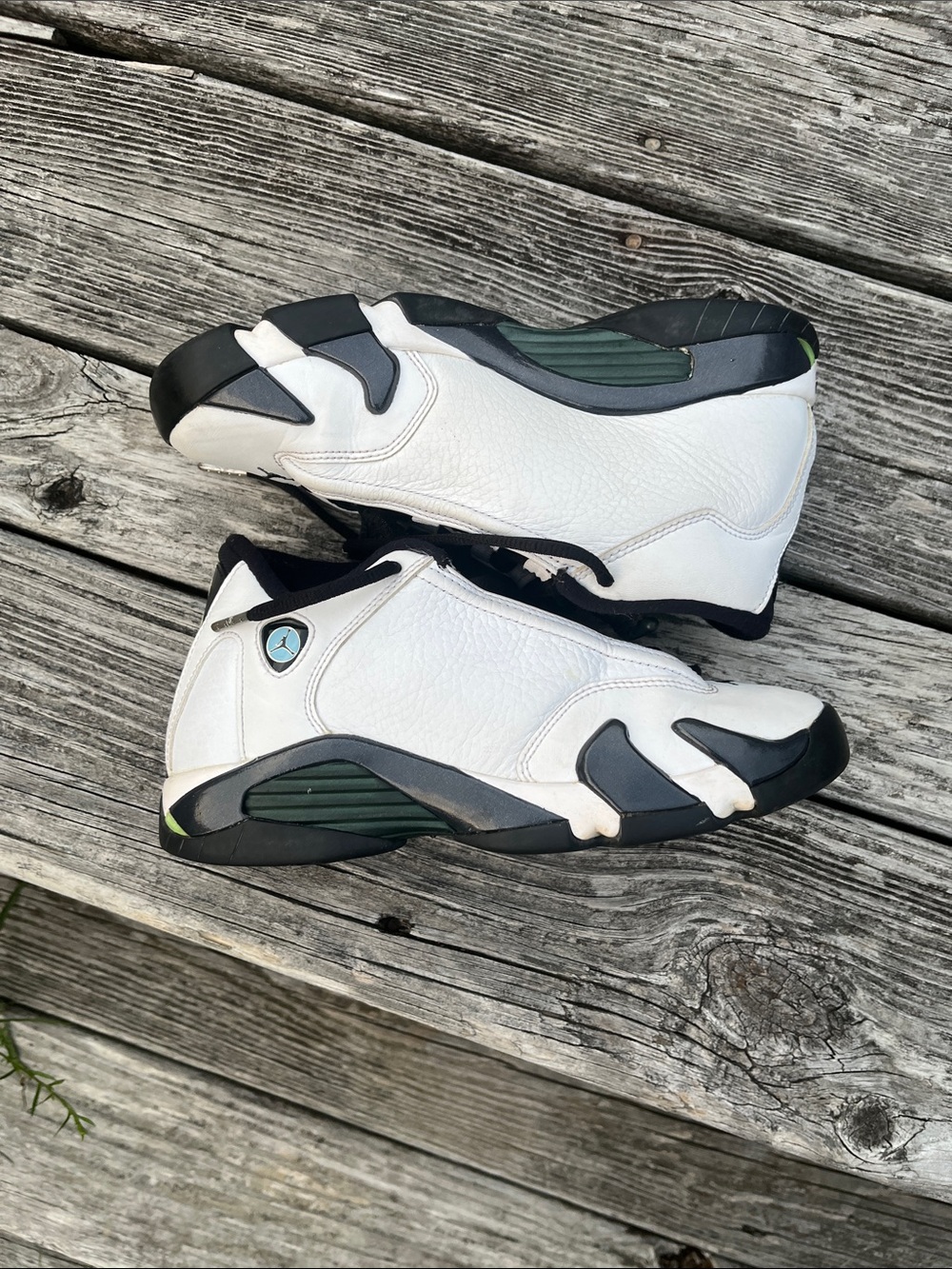 Jordan 14 Kids White Sneakers with Black and Green Accents